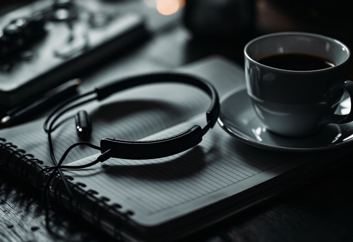 Close-up of headphones resting on an open notebook beside a cup of coffee — the everyday ritual of intentional listening