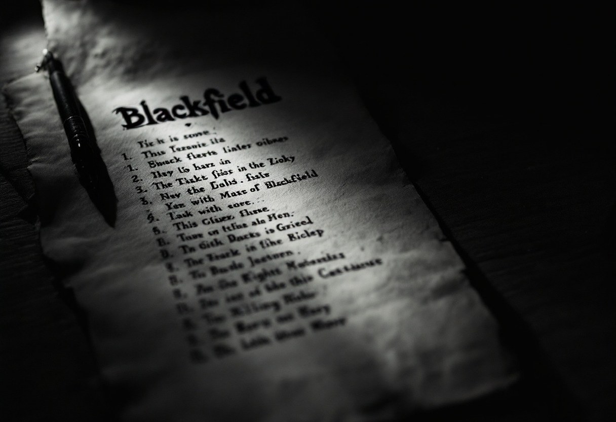 A hand-drawn-style setlist on paper, half-lit by stage light, listing song titles from across the Blackfield catalogue